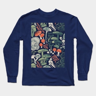 Mystical fungi // midnight blue background sage and forest green and orange wild mushrooms Long Sleeve T-Shirt